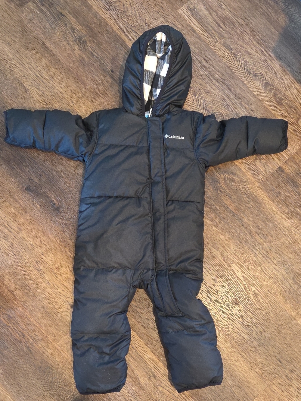 Columbia Black Infant Puffer Bunting with Plaid Hood Lining